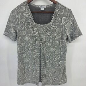Belle Amie Womens Grey Seashell Print Short Sleeve Knit Top Petite Small PS 90s